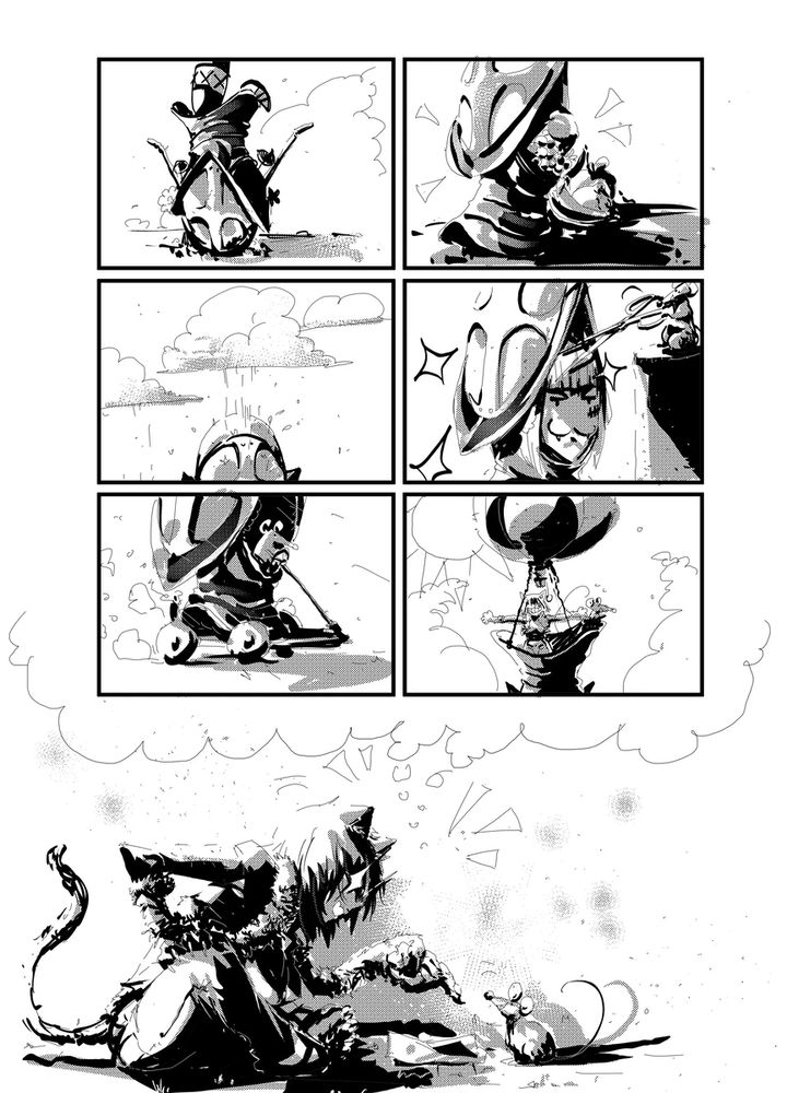 A manga page of cat girl with kemonomimi talking to her pet rat. They’re dreaming about all the things they could do with the Helm of Mambrino if they stole it. The plans are gradually getting more and more unrealistic. They could use it to keep their drinks cool, as a centerpiece on the table, as an umbrella, as a template to get a cool haircut for her overgrown bangs, as a little car for the rat, or as a hot air balloon basket 