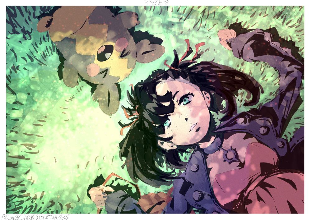 Marnie from Pokemon Sword Shield is lying in a field with dappled light. Morpeko lays next to her, happily squeaking 