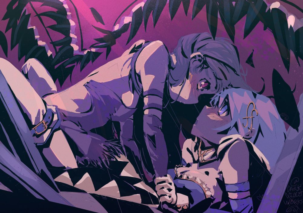 From the anime Madoka Magica - a lesbian ship commission. Devil Homura pins Sayaka Miki to the ground and stares deeply into her eyes. Her wings flap against a purple background, surrounding the two of them. Sayaka stares back up at Homura. They're so close that their hair is beginning to tangle together. 