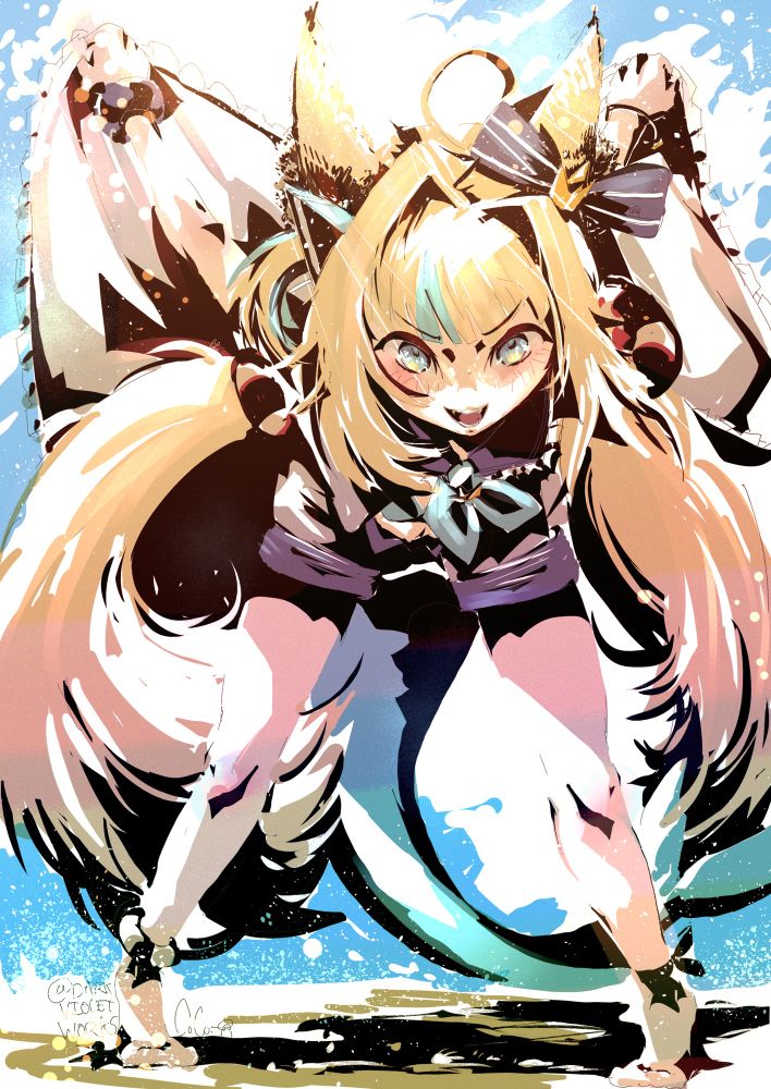 A blonde anime girl with blue eyes and a shark tail bends over with her dress flying into the summer ocean breeze. No longer Gawr Gura, this depicts the new incarnation of the vtuber Sameko Saba