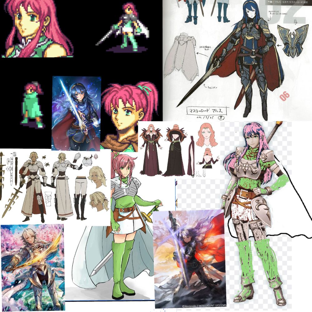 A collage of reference images, inspirations, and paintovers from the client, given to me as the starting point for the character