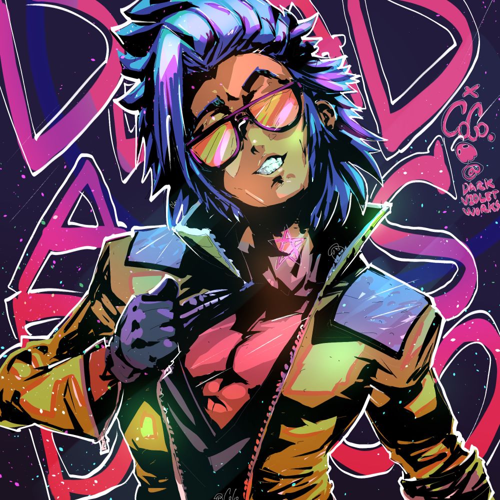 A neon digital illustration of Charlie Disco, wearing sunglasses and smirking at the camera while pulling open his gold jumpsuit to reveal his muscular chest