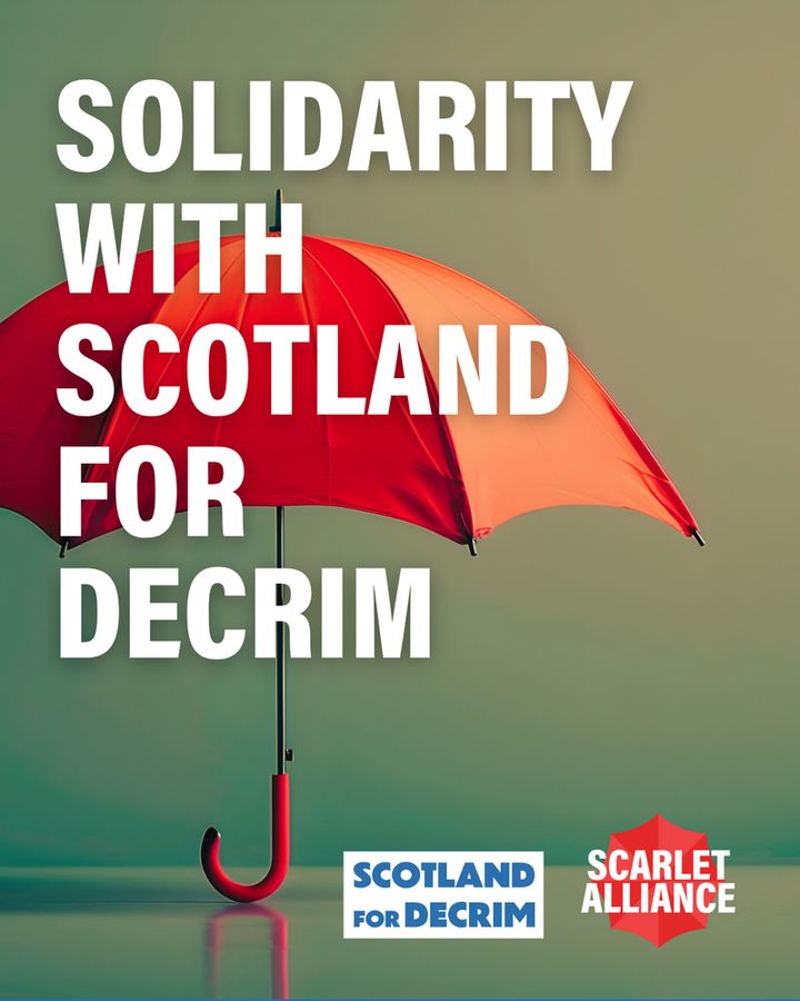 The tile shows a photo of a red umbrella on a green background. The text reads Solidarity with Scotland for Decrim. 
At the bottom right are two logos. One reads Scotland for Decrim and the other reads Scarlet Alliance.