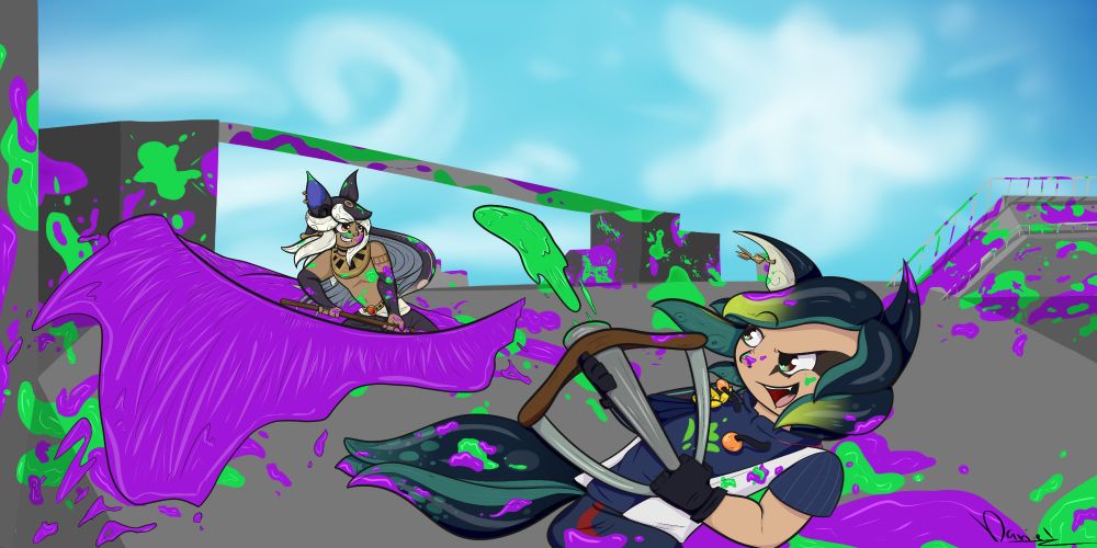 The immage is based in a gray landscape with ramps and buildings to run around on. Ourple and green paint cover everything as a squid kid version of Cyno and Tighnari from genshin impact shoot and splash paint at eachother. Cyno is using purple paint and Tighnari is using green based on their vision colors in genshin. 