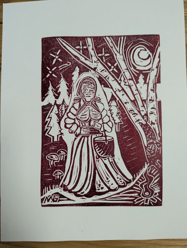 An Old Women in the woods with pines  and Birches, reddish lino print 