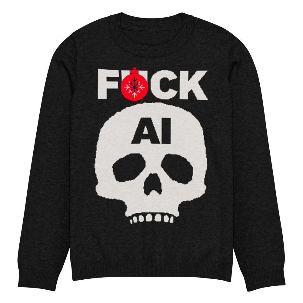 a black sweater with an abstract skull reading FUCK AI with an icon of a red ornament ball over the U. 