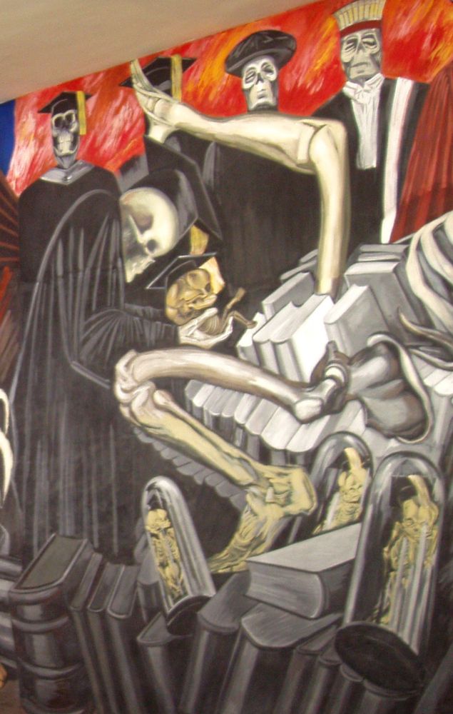 A bunch of skeletons in academic robes delivering a baby skeleton wearing a mortarboard from a giant skeleton resting on books surrounded by little baby skeletons in jars. 