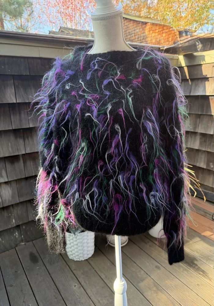 Vintage 80s fuzzy multicolor mohair sweater black pullover 