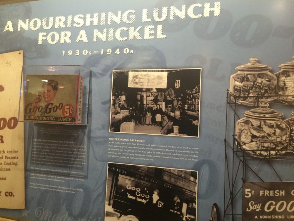 A nourishing lunch for a nickel 1930s- 1940s and a historical display in the Goo Goo candy visitor center
