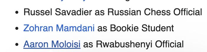 Russel Savadier as Russian Chess Official
Zohran Mamdani as Bookie Student
Aaron Moloisi as Rwabushenyi Official