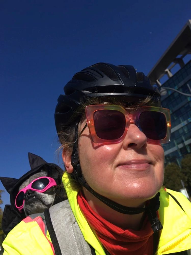  Salty chug in a bat hat and pink doggles in a bike backpack attached to Erika Hall