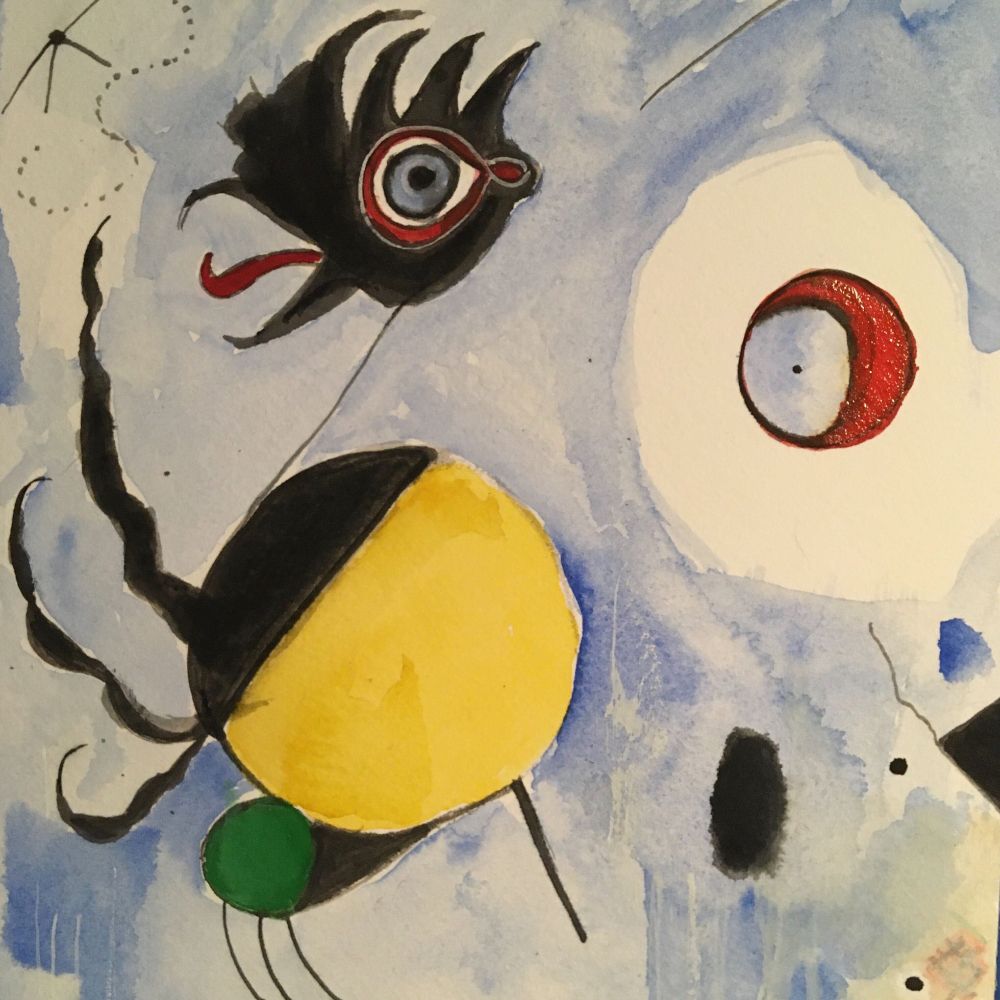 a watercolor in black blue yellow green red and white with fun shapes