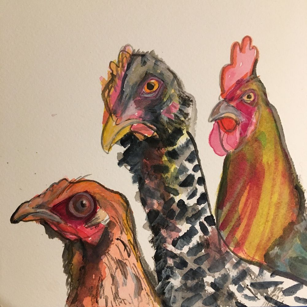 a painting of three chickens