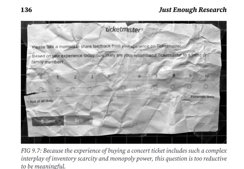 A B&W photo of a Ticketmaster NPS survey printed out and crumpled with a caption underneath FIG 9.7 Because the experience of buying a concern ticket includes such a complex interplay of inventory scarcity and monopoly power, this question is too reductive to be meaningful.