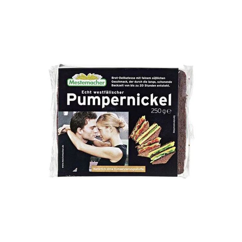 Mestemacher Pumpernickel real Westphalian, ready to eat, cut 250 g package

There is a photo of a white man-woman couple on the label that really looks like they are about to do something dirty