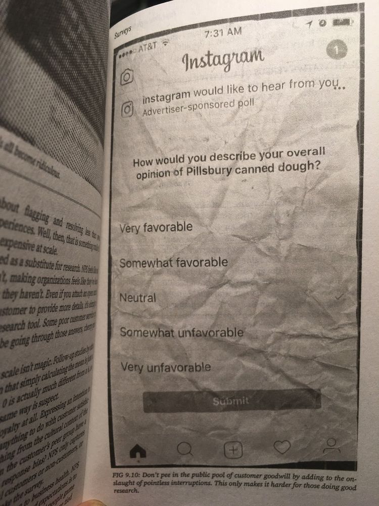 a photo of the interior of a paperback book with a black and white photo of a screenshot of an instagram advertiser survey about Pillsbury canned dough that has been printed out, crumpled, photographed and reproduced in the book. 