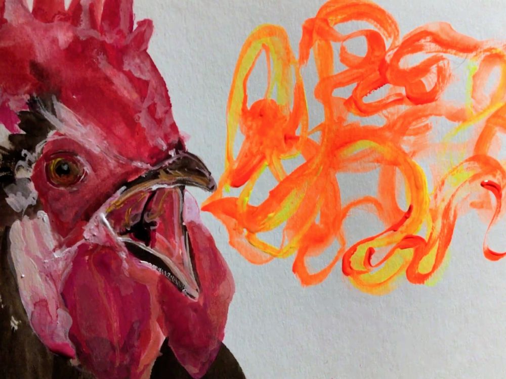 a rooster emitting an orange squiggle