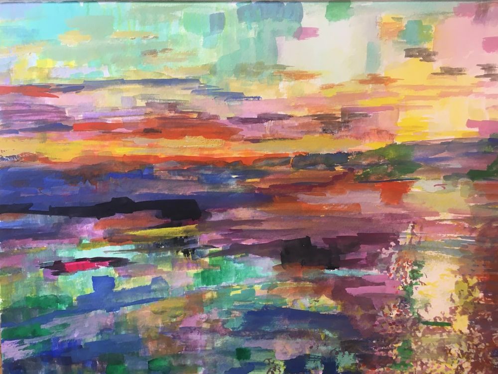 a gouache painting of a sunrise that was painted after a digital photo that glitched