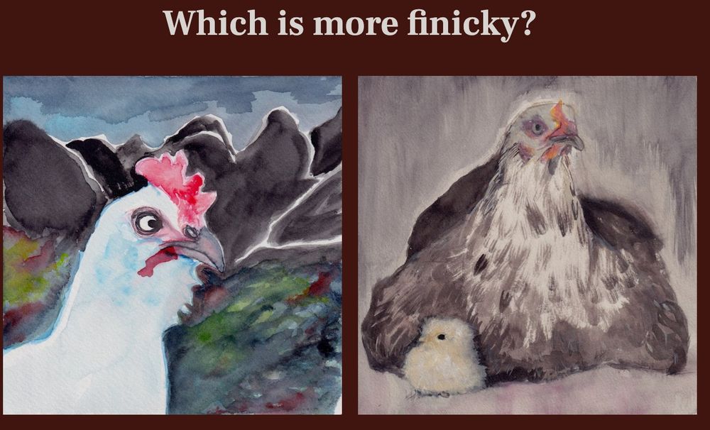 Which is more finicky?
A colorful painting of a white chicken and mountains. A softer painting of a brown  chicken and a chick.