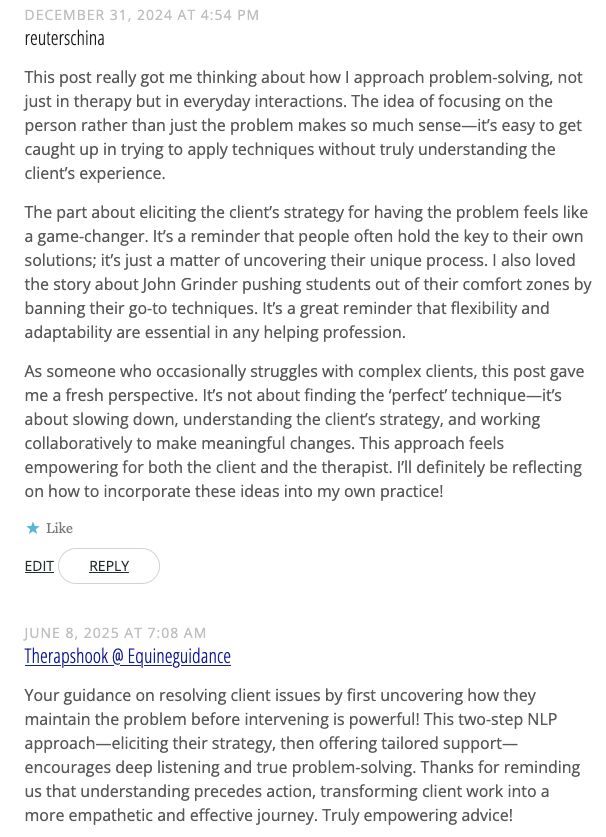 Screenshot of comments on the blog article. From reuterschina:
 reuterschina

This post really got me thinking about how I approach problem-solving, not just in therapy but in everyday interactions. The idea of focusing on the person rather than just the problem makes so much sense—it’s easy to get caught up in trying to apply techniques without truly understanding the client’s experience.

The part about eliciting the client’s strategy for having the problem feels like a game-changer. It’s a reminder that people often hold the key to their own solutions; it’s just a matter of uncovering their unique process. I also loved the story about John Grinder pushing students out of their comfort zones by banning their go-to techniques. It’s a great reminder that flexibility and adaptability are essential in any helping profession.

As someone who occasionally struggles with complex clients, this post gave me a fresh perspective. It’s not about finding the ‘perfect’ technique—it’s about slowing down, understanding the client’s strategy, and working collaboratively to make meaningful changes. This approach feels empowering for both the client and the therapist. I’ll definitely be reflecting on how to incorporate these ideas into my own practice!

From therapshook @ equineguidance

 Therapshook @ Equineguidance

Your guidance on resolving client issues by first uncovering how they maintain the problem before intervening is powerful! This two‑step NLP approach—eliciting their strategy, then offering tailored support—encourages deep listening and true problem‑solving. Thanks for reminding us that understanding precedes action, transforming client work into a more empathetic and effective journey. Truly empowering advice!