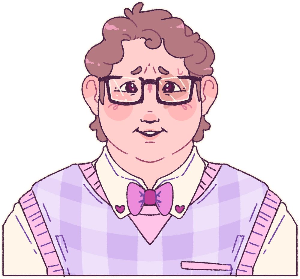 A bust shot of a chubby trans man with fair skin, brown hair, and glasses. He is wearing a lavender gingham sweater vest over a button-down shirt with a pink bow tie. 