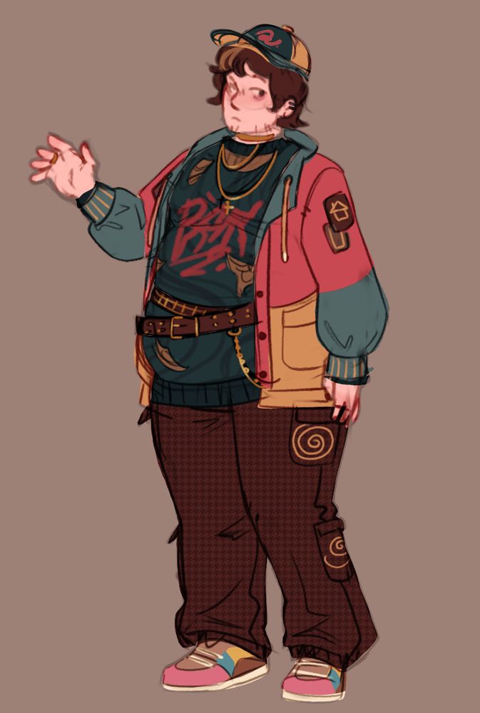 Colored sketch of a character wearing baggy clothes and lots of accessories. 