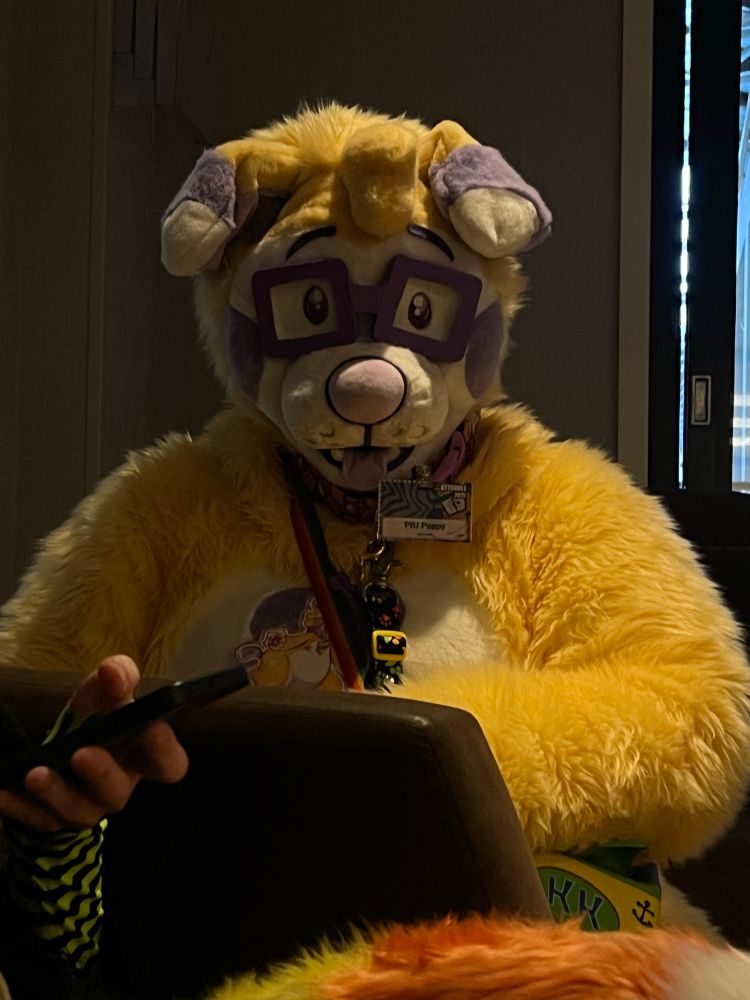 The same fursuiter, now turned towards the camera with a shadow over his face. 