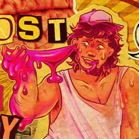 A crop from a brightly-saturated illustration where Cappuccino pulls neon pink slime out of his ear. He is sweating profusely and has a manic, laughing expression. 