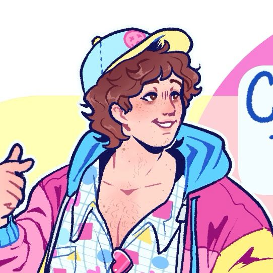 A chest-up crop of a transmasc character, Cappuccino. He has fair skin, with brown hair and brown eyes. He is wearing a baseball cap, windbreaker, and button-down shirt in pink, yellow, and blue. 