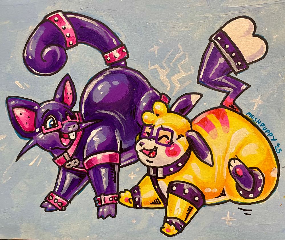 A painting of two ex-humans, a rubber Pikachu and a rubber Rattata, running together. 