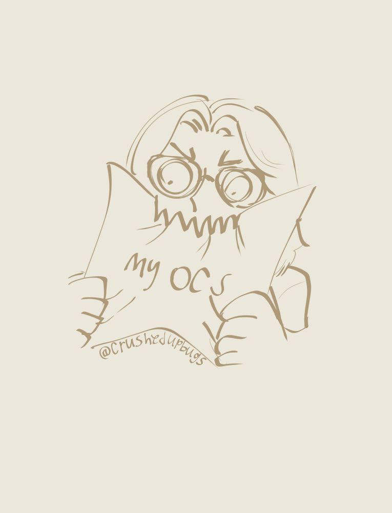 A self portrait doodle of a girl with sharp teeth, biting and ripping at a piece of paper that has “My OCs” written on it.