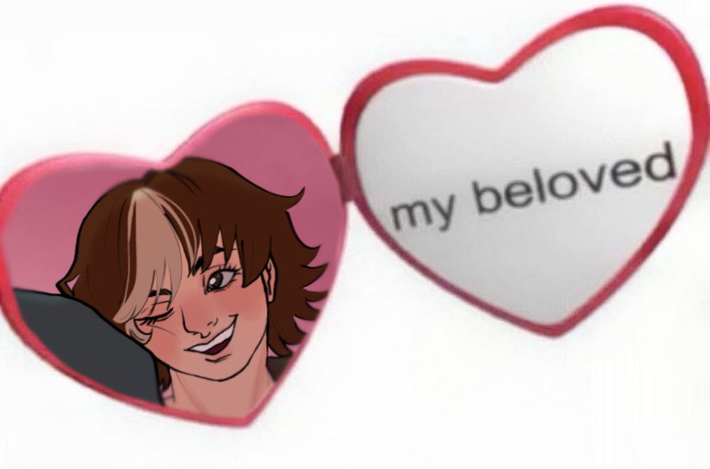A digital illustration of my OC, inside of the 3D “My beloved” red heart locket meme.