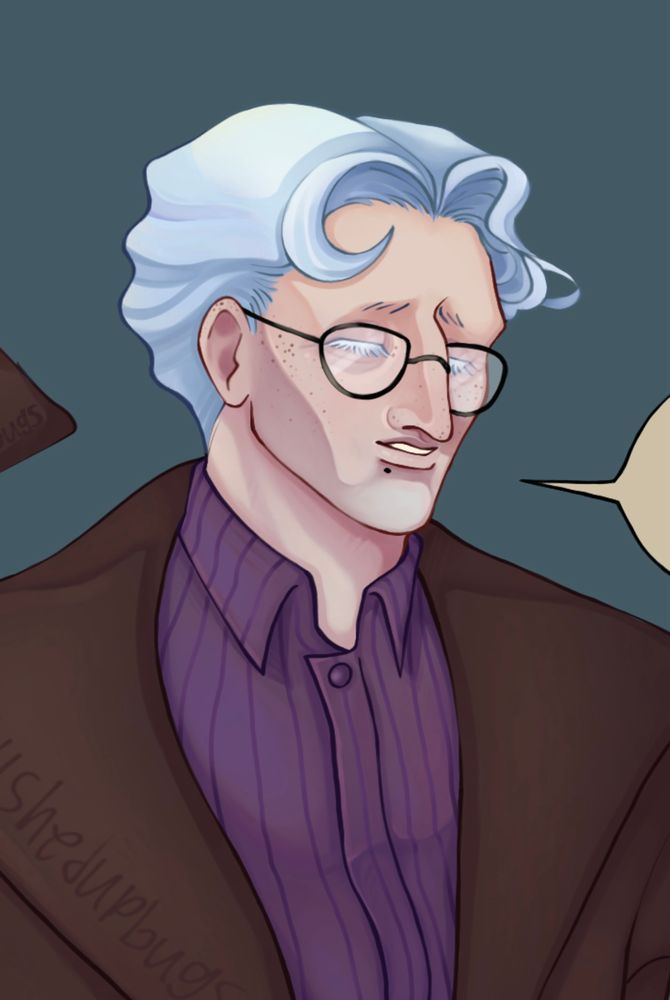 A close up of a digital illustration of my original character. (An edited version, to see how he’d look with glasses similar to mine).

Description of the art: A man with short, white, wavy hair, he has freckles, a beauty mark below his lip, and a soft smile on his face. He’s wearing a purple striped dress shirt, and a brown trench coat. In this version of the art, he’s wearing round-ish black glasses. He does not need, nor have them canonically, this was just to see how he’d look.