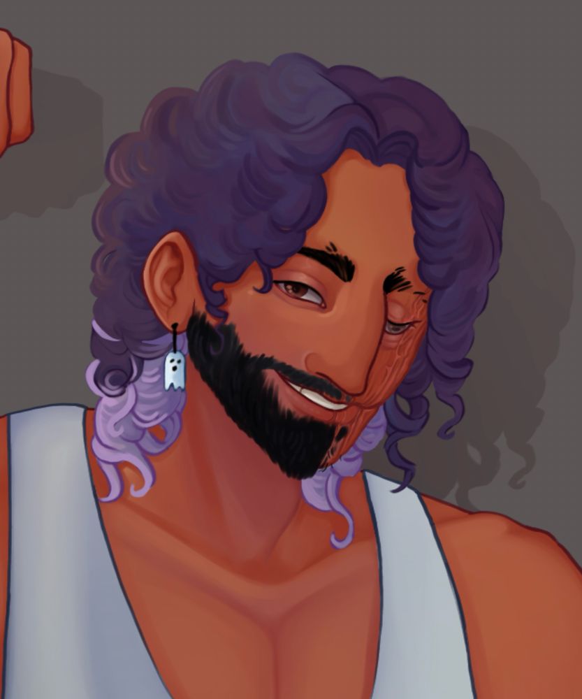 A close up of a digital illustration of my original character. (An edited version, to see how he’d look with a beard).

He has shoulder length, curly, purple hair, with lighter purple underneath/at the ends. He has brown eyes, scars covering one side of his face, and a confident smile. He’s wearing a white tank top. In this close up, he has a beard, which he does not have canonically. this was just to see how he’d look with one.