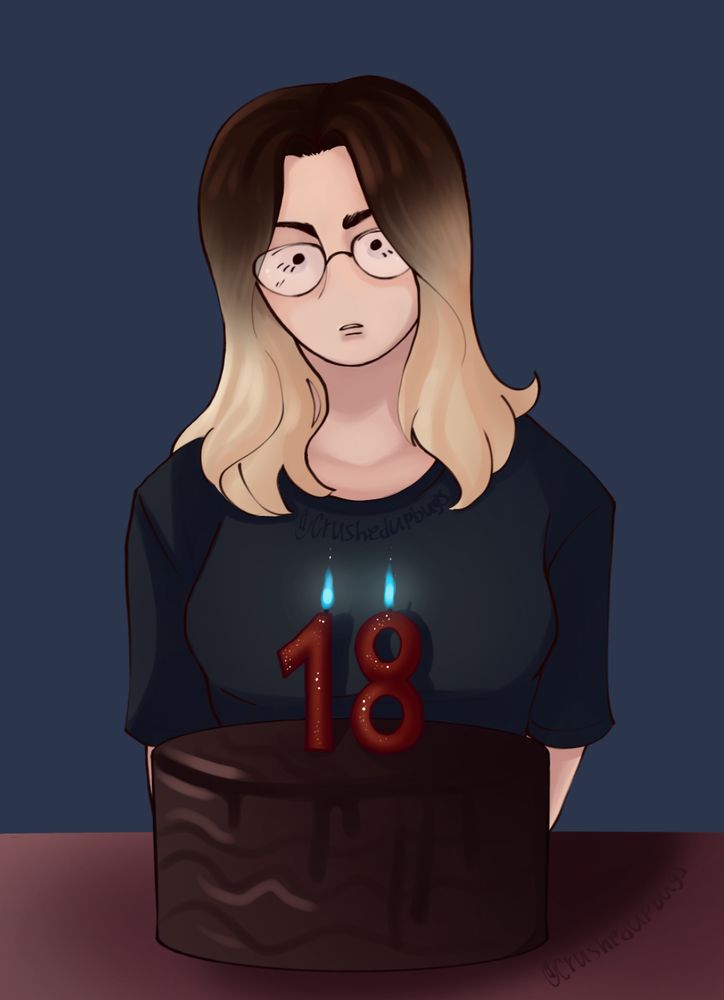 A digital illustration. This drawing is of myself, sitting in front of a round chocolate cake with red candles on top. the candles are the numbers 1, and 8. making “18” together. I’m wearing a black T-shirt, I have a blank expression whilst looking at the cake, and my grown out roots are dark brown, with bleach blonde everywhere else.