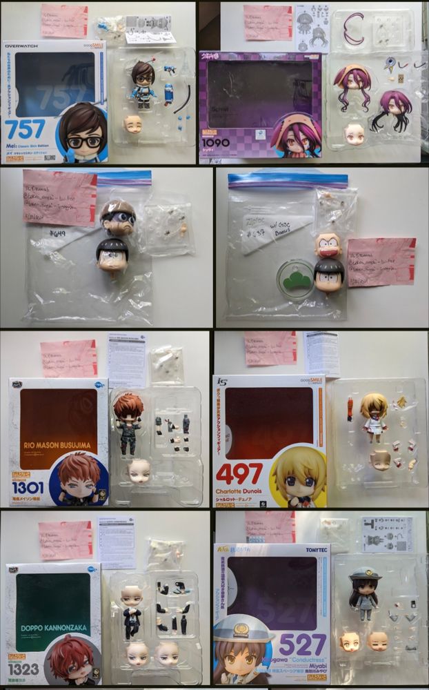 An assortment of nendoroid parts for sale.