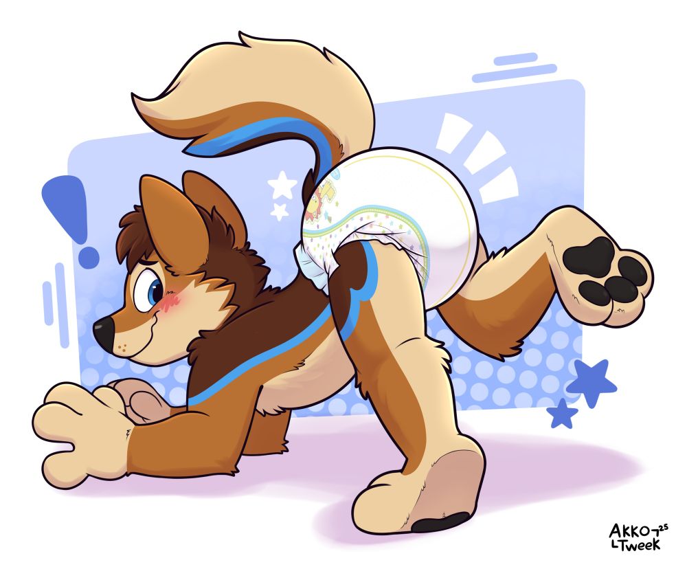 Anthropormorphic red wolf puppy on all fours lifting his leg in a diaper
