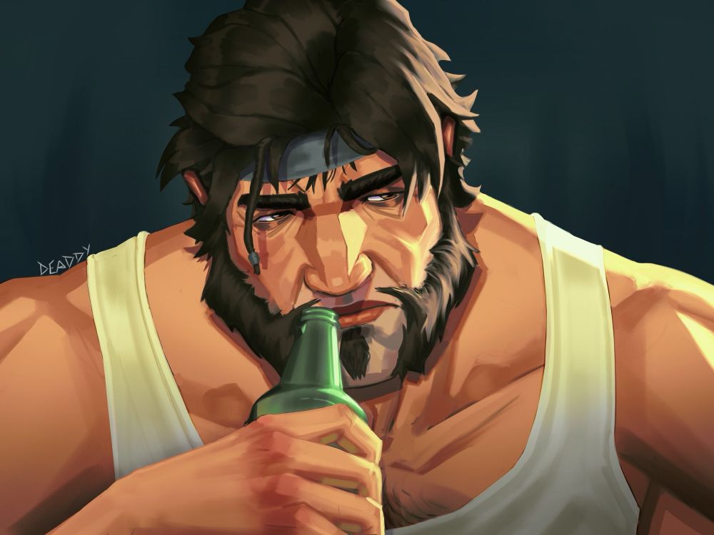 Bearded middle age man drinking 