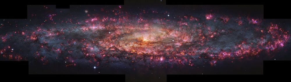 A spiral galaxy, showing a thousand different colours that indicate the regions of different stars, gas and dust. The centre of the galaxy has more golden and orange light, while the outer edges fade into a deep blue that further fades into the black of the universe. Speckled across the galaxy are portions of bright pink light, along with patches of brown and black.