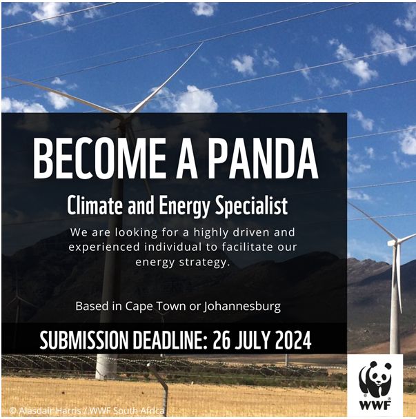 Advert image with wind turbines in a hilly landscape in the background. WWF panda logo in lower right. Advert text reads: Become a PANDA. Climate and Energy Specialist. We are looking for a highly drive and experienced individual to facilitate our energy strategy. Based in Cape Town or Johannesburg. Submission Deadline: 26 July 2024