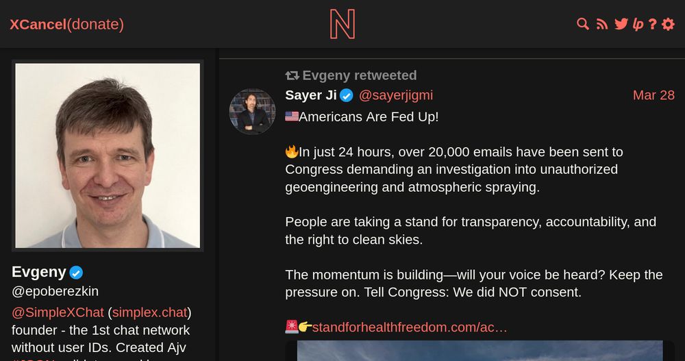 On 28 May, Evgeny retweeted a post from Sayer Ji reading:

“Americans Are Fed Up! In just 24 hours, over 20,000 emails have been sent to Congress demanding an investigation into unauthorized geoengineering and atmospheric spraying. People are taking a stand for transparency, accountability, and the right to clean skies.”