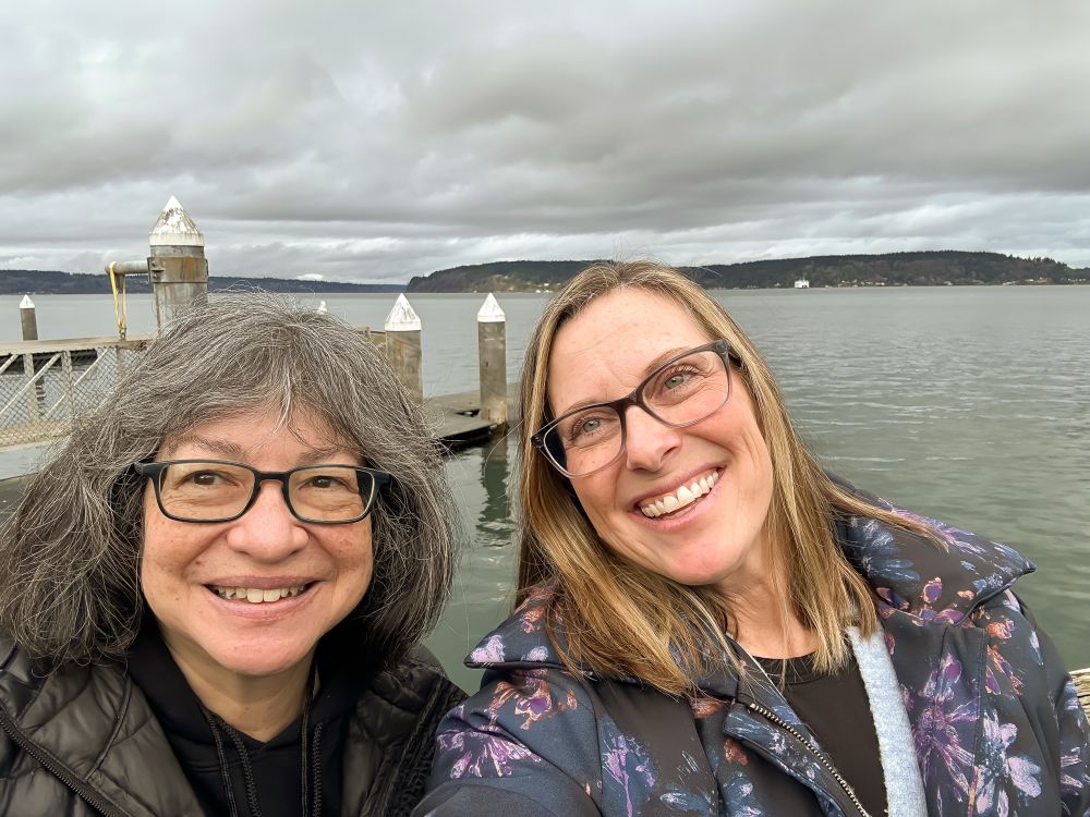 Two smiling women in glasses overlooking the water and an island in the distance 