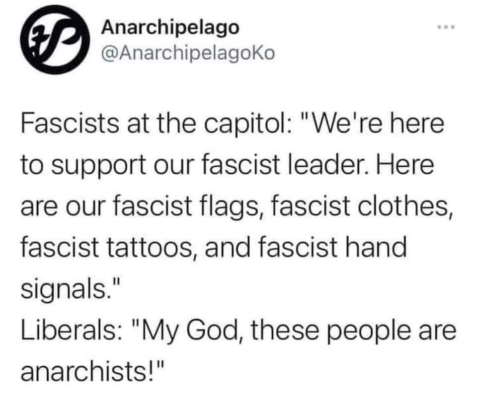 a tweet by @ saying "Fascists at the capitol: "We're here to support our fascist leader. Here are our fascist flags, fascist clothes, fascist tattoos, and fascist hand signals." Liberals: "My God, these people are anarchists!""" The tweet it by @anarchiPelagoKo