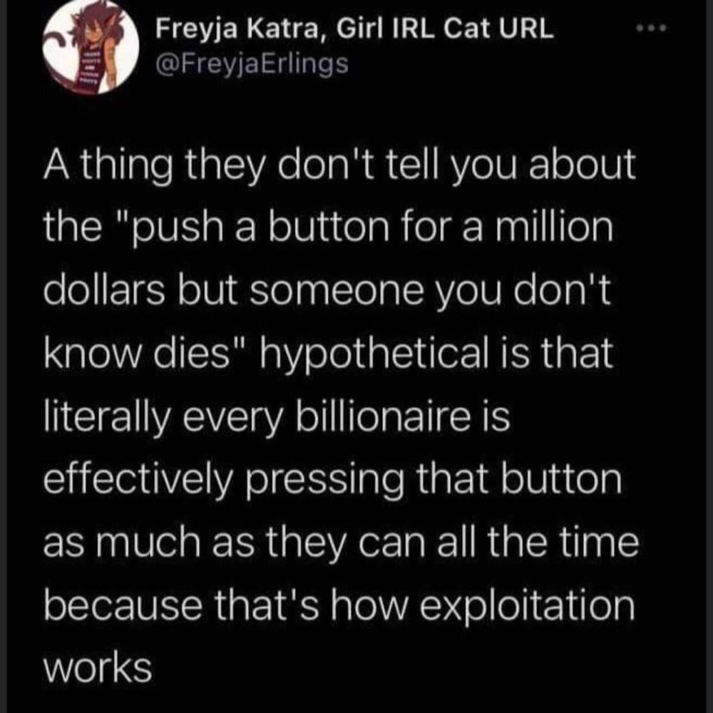 A screenshot of a tweet by "Freyja Katra, Girl IRL Cat URL" (@FreyjaErlings) displayed on a dark background. The profile picture shows an illustrated character with red hair and cat ears. The tweet's text reads: "A thing they don't tell you about the 'push a button for a million dollars but someone you don't know dies' hypothetical is that literally every billionaire is effectively pressing that button as much as they can all the time because that's how exploitation works".