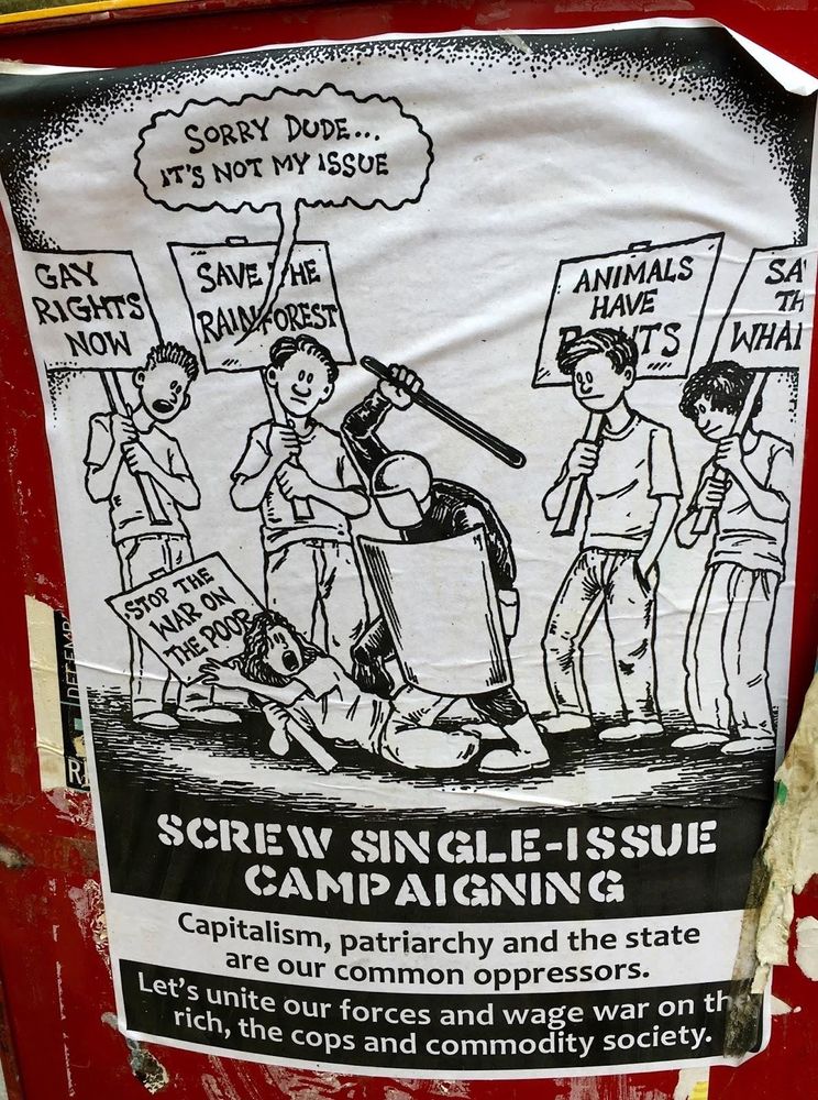 a greyscale protest poster with multiple figures holding signs. The signs say "Gay Rights Now", "Save the Rainforest", "Animals Have Rights", "save the whales". A protestor on the ground being beaten by a cop has a sign saying "stop the war on the poor". The person holding the "gay rights now" sign is saying "sorry dude... it's not my issue". Text under the image says "screw single issue campaigning", "capitalism, patriarchy and the state are our common oppressors . "Let's unite our forces and wage war on the rich, the cops, and commodity society".