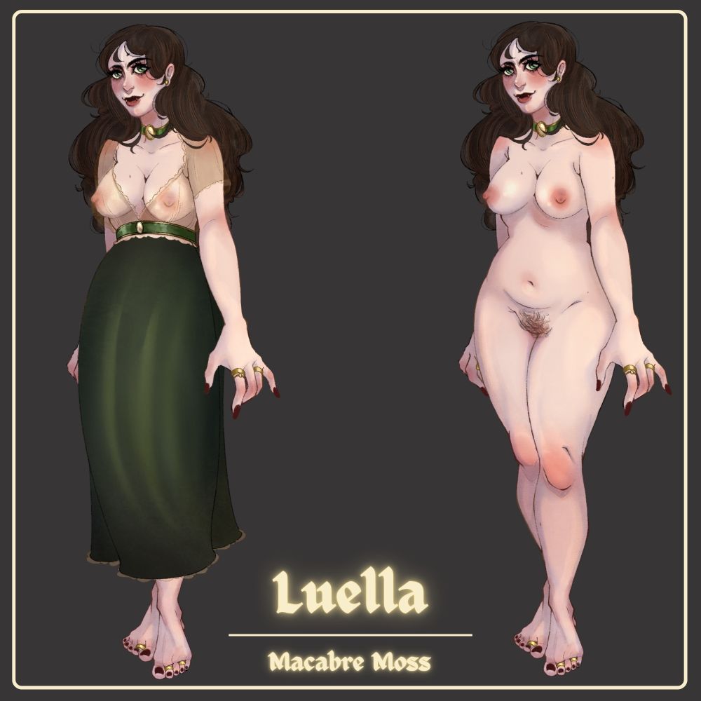 Luella, my vampire OC, in her nightgown and naked, side by side