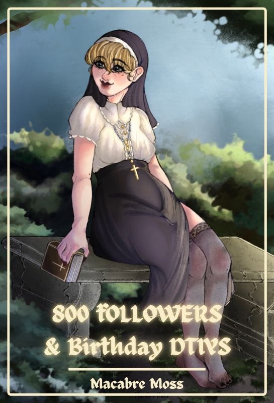 Marcielle, the nun, sitting on a stone bench surrounded by nature. She's in her summer habit, holding her bible. Her skirt is riding up slightly from its slit, she isn't wearing any shoes.