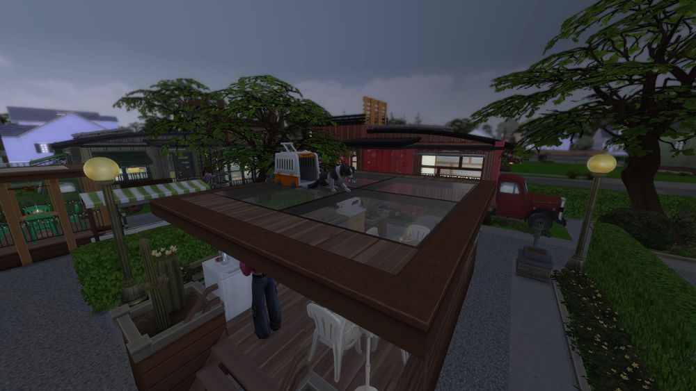 Screenshot of the Sims 4 - Border Collie on the roof of a pergola.