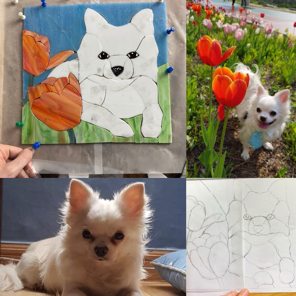 Process, from reference photos to pattern sketch to cut glass