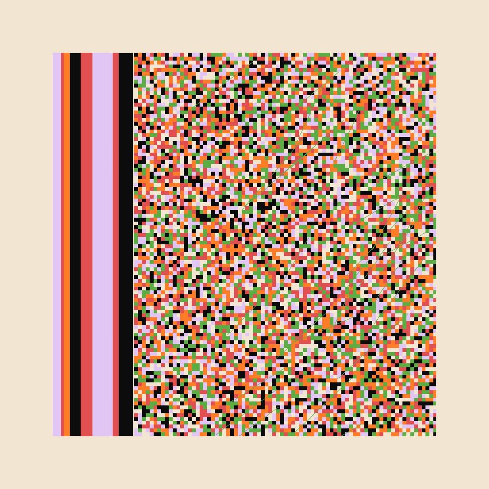 Abstract pixel art with vibrant multicolored squares on the right and vertical pastel stripes on the left, set against a pale beige background.